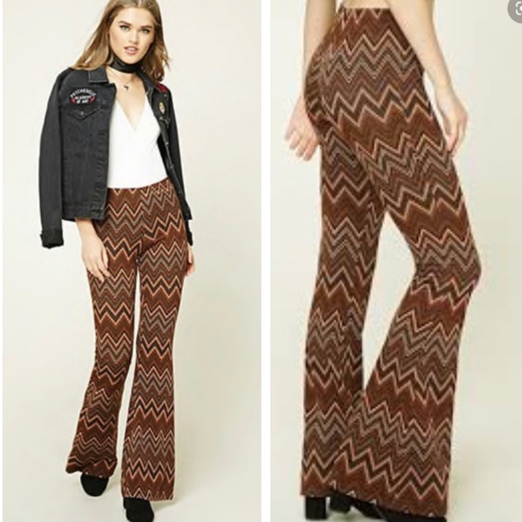 Forever 21 Pants - F21 Brown Cheveron Retro Hippy Flare Bells Pants